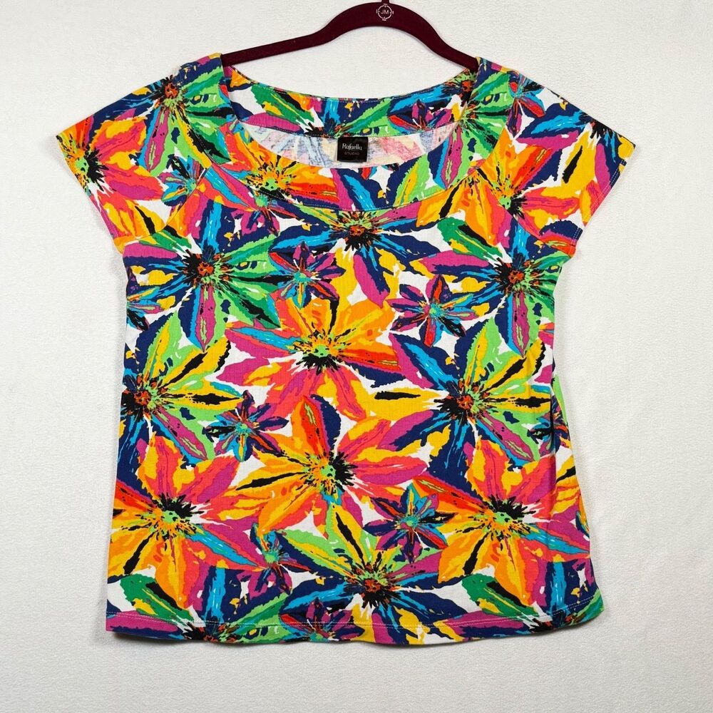 Rafaella Studio Floral Top Women Large Cap Sleeve Cotton Bright Multicolor